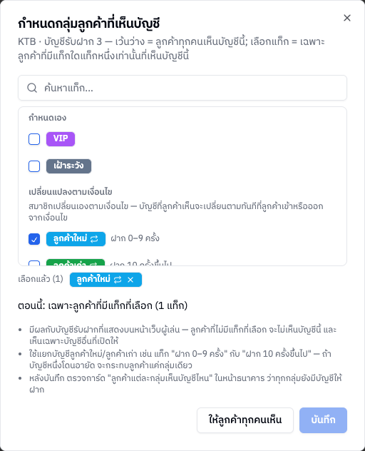 หน้าต่างกำหนดกลุ่มลูกค้าที่เห็นบัญชี